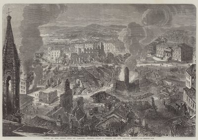 Cena do Grande incêndio em Limoges, França (gravura) de English School
