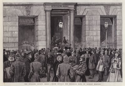 Cena fora do Birkbeck Bank, Londres, durante a crise da sociedade da construção civil de 1892 (litho) de English School