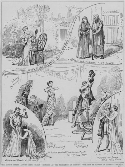 Cenas de uma apresentação da ópera de Charles Gounod Philemon et Baucis na Royal Opera House, Covent Garden, Londres de English School