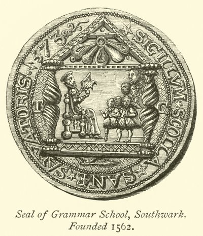 Selo da Escola de Gramática, Southwark, fundado em 1562 de English School