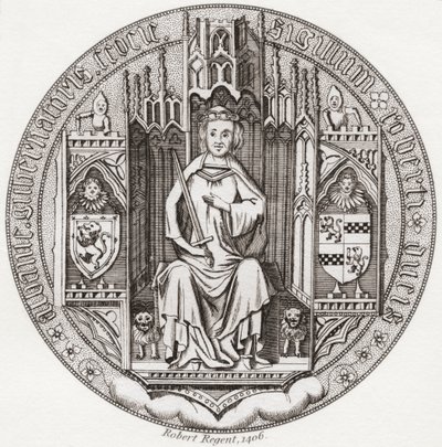 Selo de Robert Stewart, Duque de Albany, c. 1340 1420. Membro da casa real escocesa, regente, Governador da Escócia, Duque de Albany, Conde de Fife & Menteith. De Iconographia Scotica ou Portraits of Illustrious Persons of Scotland, publicado em 1797. de English School