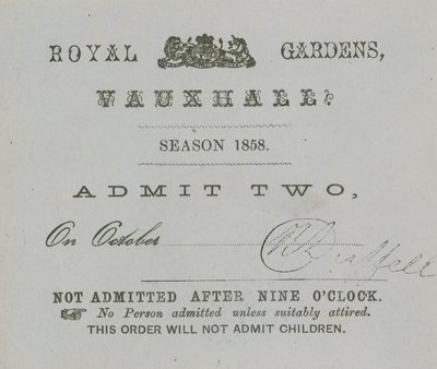 Bilhete de temporada, Vauxhall Gardens, Londres de English School