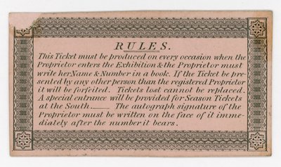 Bilhete de temporada para admissão à Grande Exposição de 1851, reversa, mostrando regras de English School