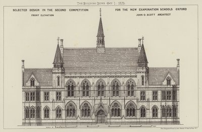 Design seleccionado no Segundo Concurso para as Novas Escolas de Exame de Oxford, Front Elevation (gravura) de English School