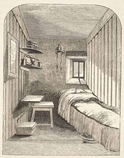 Separe a célula adormecida em uma das novas alas da Prisão Feminina em Brixton, ilustração das Prisões Penais de Londres e Cenas da Vida na Prisão de Henry Mayhew e John Binny, pub de English School