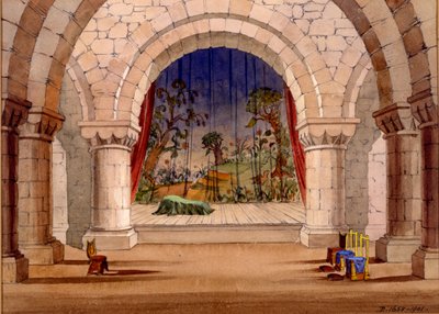 Cenário para Hamlet por William Shakespeare, 1858 (wc no papel) de English School