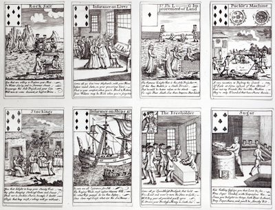 Conjunto de cartas de baralho que descrevem cenas satíricas de empreendimentos comerciais e investimentos atuais, c.1720 de English School