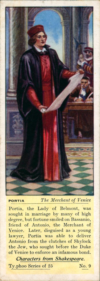 Personagens de Shakespeare: Pórcia, O Mercador de Veneza (litografia a cores) de English School