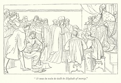 O Mercador de Veneza, de Shakespeare; tribunal de julgamento, o Doge convidando Portia para seu assento de English School