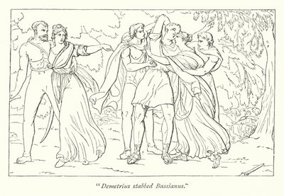 Titus Andronicus, de Shakespeare; Demetrius, instigado por Tamora, assassina Bassianus (gravura) de English School