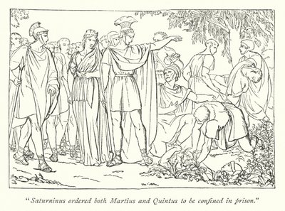 Titus Andronicus de Shakespeare; Martius e Quintus presos pelo assassinato de Bassianus (gravura) de English School