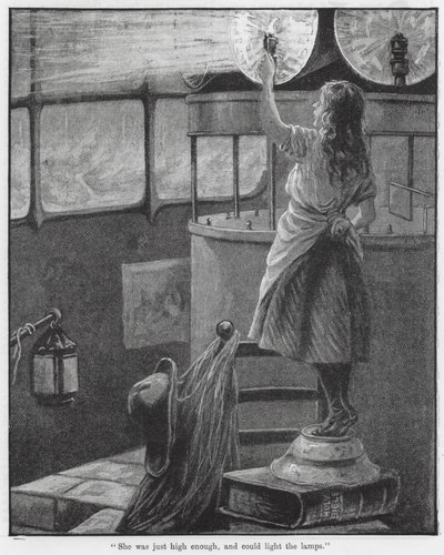 "Ela era suficientemente alta, e podia acender as lâmpadas" (gravura) de English School