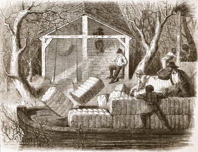 Atirando em Cottin-fardos na parte dianteira do navio a vapor Magnolia, ilustração de The Illustrated London News, 1861 de English School
