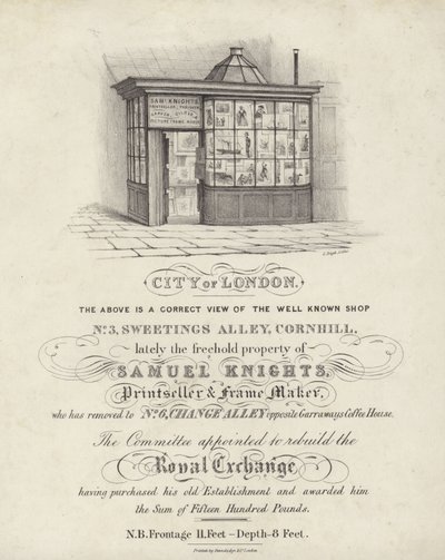 Loja de Samuel Knights, imprimidor e fabricante de molduras, 3 Sweetings Alley, Cornhill, Cidade de Londres de English School
