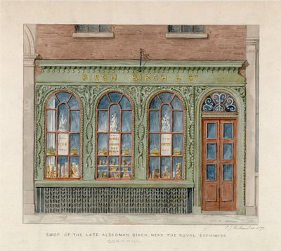 Loja do falecido vereador Alderman perto do Royal Exchange. 1871 (wc no papel) de English School