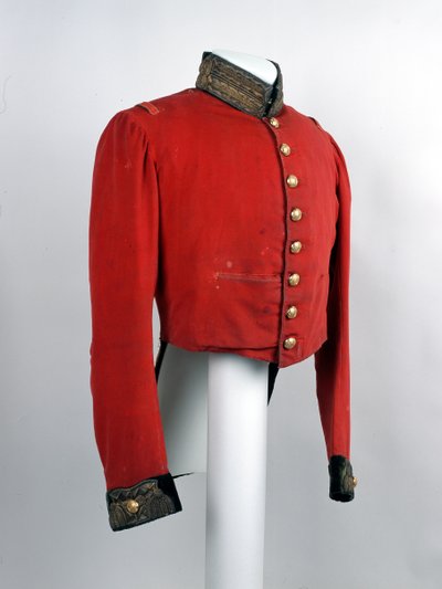 Coatee de cauda curta, 5ª (Princesa Charlotte de Waless) Guarda de Dragão, c.1854 (tecido de lã, fio de ouro e ornamento bordado com lantejoula) de English School