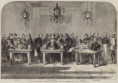 Assinatura do Tratado entre Inglaterra e China em Tien-Tsin, em 26 de Junho de 1858 (gravura) de English School
