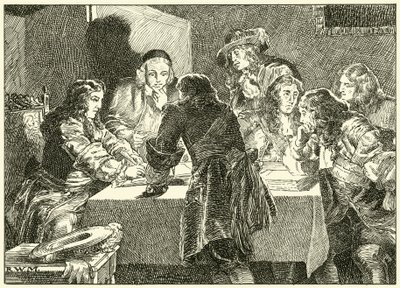 Assinando o convite para William de Orange (tinta no papel) de English School