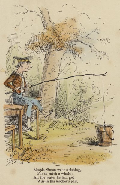 Simples Simão foi pescar, Pois para apanhar uma baleia; Toda a água que tinha, Estava no balde da sua mãe (gravura colorida) de English School