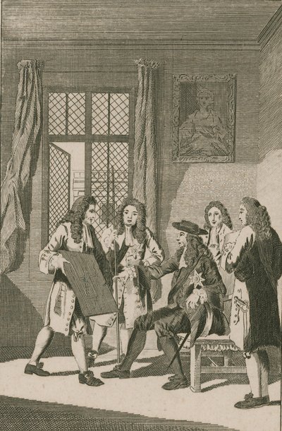 Sir Christopher Wren apresentando ao rei Carlos II seu plano para reconstruir a cidade de Londres de English School