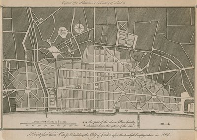 Sir Christopher Wrens planeja reconstruir a cidade de Londres após a terrível conflagração em 1666 de English School
