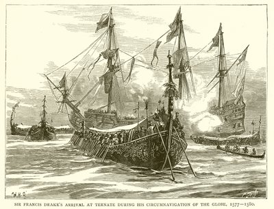 Sir Francis Drakes Chegada a Ternate durante sua Circunavegação do Globo, 1577--1580 de English School