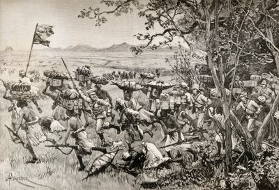 Sir Henry Morton Stanley e os seus homens saem finalmente da floresta para as pastagens em 1887, durante a sua expedição de socorro a Emin Pasha em África de English School
