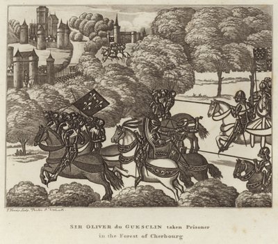 Sir Oliver du Guesclin levado prisioneiro na floresta de Cherbourg de English School
