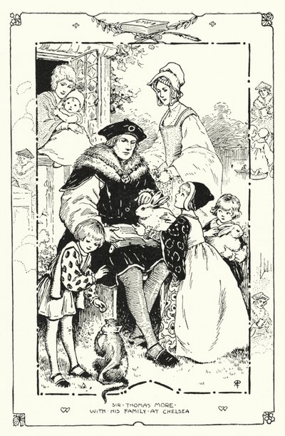 Sir Thomas More com a sua família no Chelsea (litho) de English School