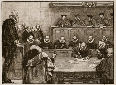 Sir Walter Raleigh perante os juízes, ilustração da história ilustrada de Cassells da Inglaterra (foto sépia) de English School