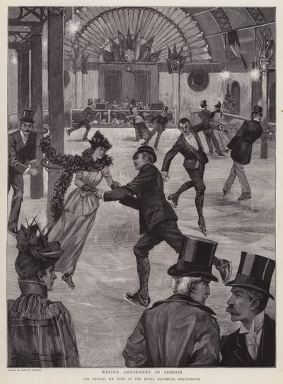 Patinagem na pista de gelo Crystal Ice Rink no Royal Aquarium, Westminster, Londres (litho) de English School