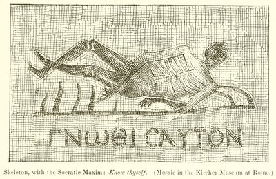 Esqueleto, com o Maxim Socrático: Conhece a ti mesmo. (Mosaico no Museu Kircher em Roma) de English School