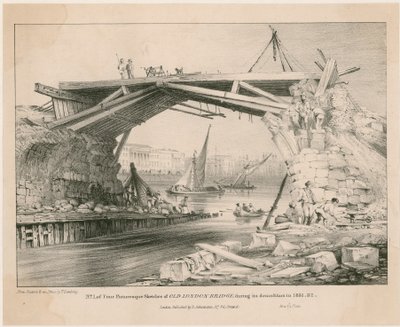 Esboço da antiga ponte de Londres durante a sua demolição em 1831, 1832 de English School