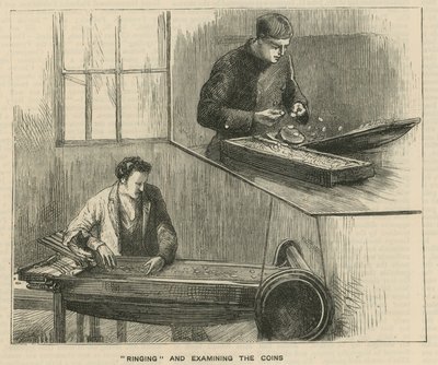 Esboços na Casa da Moeda Real, Tower Hill; tocando e examinando as moedas de English School