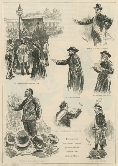 Esboços na grande manifestação trabalhista no Hyde Park, domingo 3 de maio de 1891 de English School