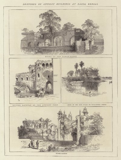 Esboços de Edifícios Antigos em Dacca, Bengala (gravura) de English School