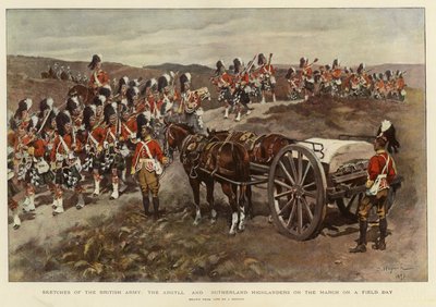 Esboços do Exército Britânico, os Argyll e Sutherland Highlanders em Marcha num Dia de Campo (litografia a cores) de English School