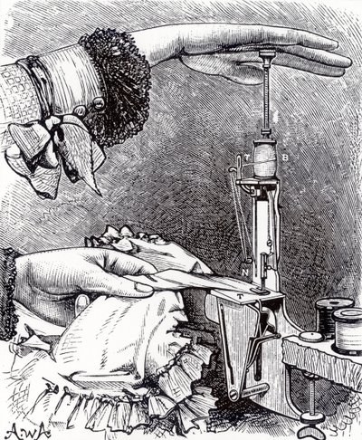 Máquina de costura de pequeno ponto fixo, oito polegadas de comprimento, pesando 8 onças, da Cassells Family Magazine, publicada em 1886 de English School