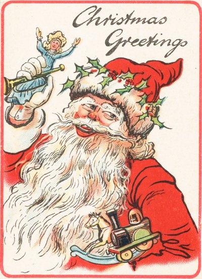 Santa sorridente segurando brinquedos, cartão de Natal de English School
