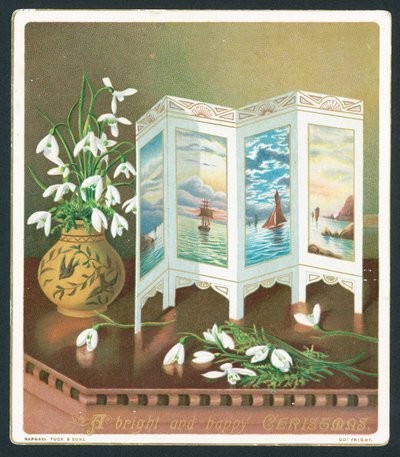 Snowdrops e tela na mesa, cartão de Natal de English School
