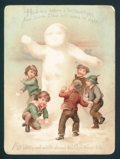 Boneco de neve, crianças e bolas de neve, cartão de natal de English School