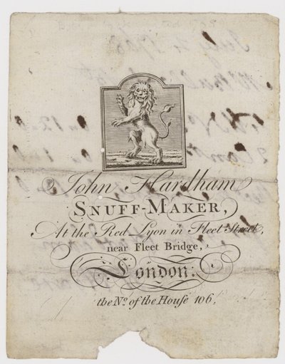 Snuff Maker, John Hardham, cartão comercial de English School