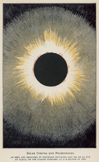 Solar Corona e Prominences, como visto e medido pelo Professor Pritchard e Sr. De La Rue (cor litho) de English School