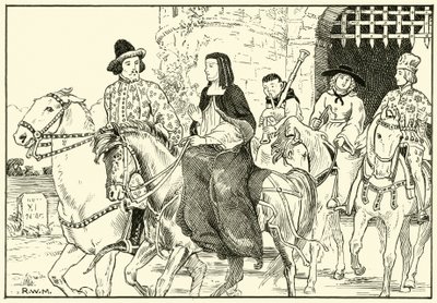Alguns dos Peregrinos de Canterbury (tinta no papel) de English School