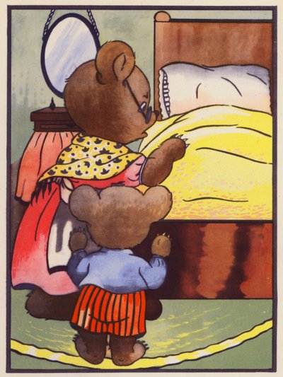 "Alguém tem estado a dormir na minha cama!" (litografia a cores) de English School