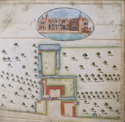 Vista sul do Kentwell Hall, do levantamento da propriedade de Richard Moore, Esq. Kentwell Hall, Suffolk, 1777 (caneta e tinta e guache sobre papel) de English School