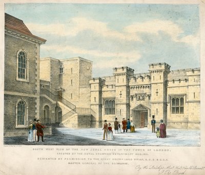 Vista sudoeste da nova casa de joias na Torre de Londres, erguida em 1840-41 de English School
