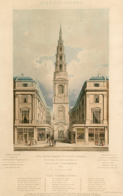 Avenida St. Brides; A melhoria na Fleet Street, Londres, propôs-se a ser efetuada por assinatura voluntária, 1825 de English School
