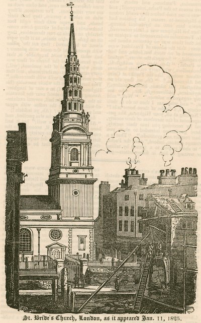 St Brides Church, Fleet Street, Londres, como apareceu 11 de janeiro de 1825 de English School