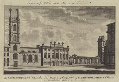 Igreja de São Cristóvão, Banco de Inglaterra e Igreja de São Bartolomeu, Rua Threadneedle (gravura) de English School
